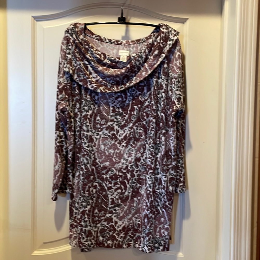 Zenergy by Chicos patterned top in maroon, cream, grey, and black